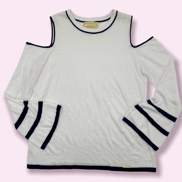 MICHAEL KORS| Cold Shoulder L/S Sweater EUC White with Navy stripe bell sleeve - Picture 2 of 9